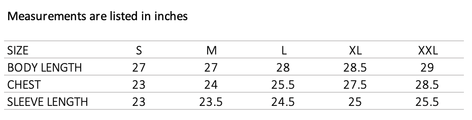 SeerSucker Jacket Black size chart