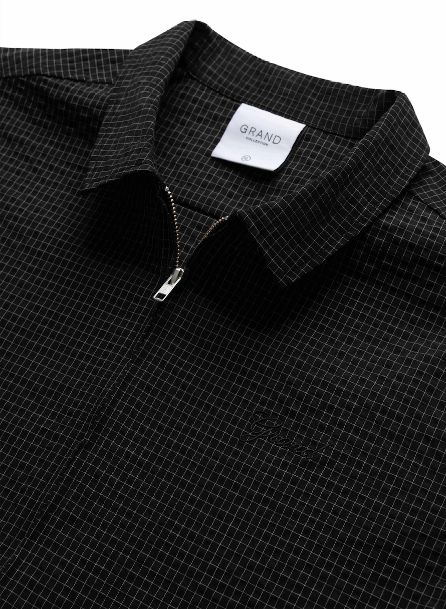 SEERSUCKER SHORT SLEEVE ZIP UP SHIRT BLACK