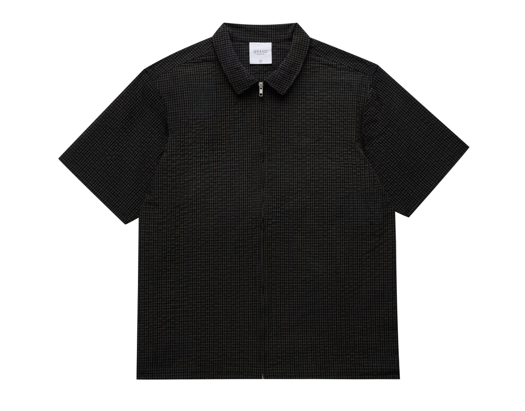 SEERSUCKER SHORT SLEEVE ZIP UP SHIRT BLACK