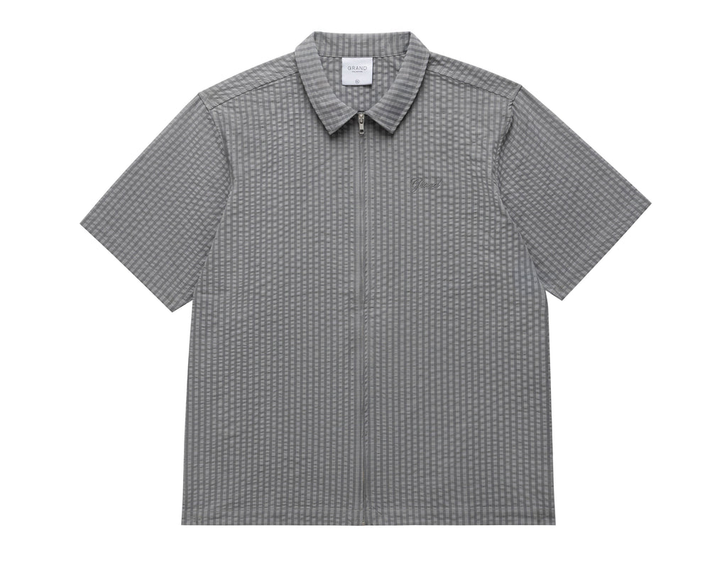SEERSUCKER SHORT SLEEVE ZIP UP SHIRT GREY