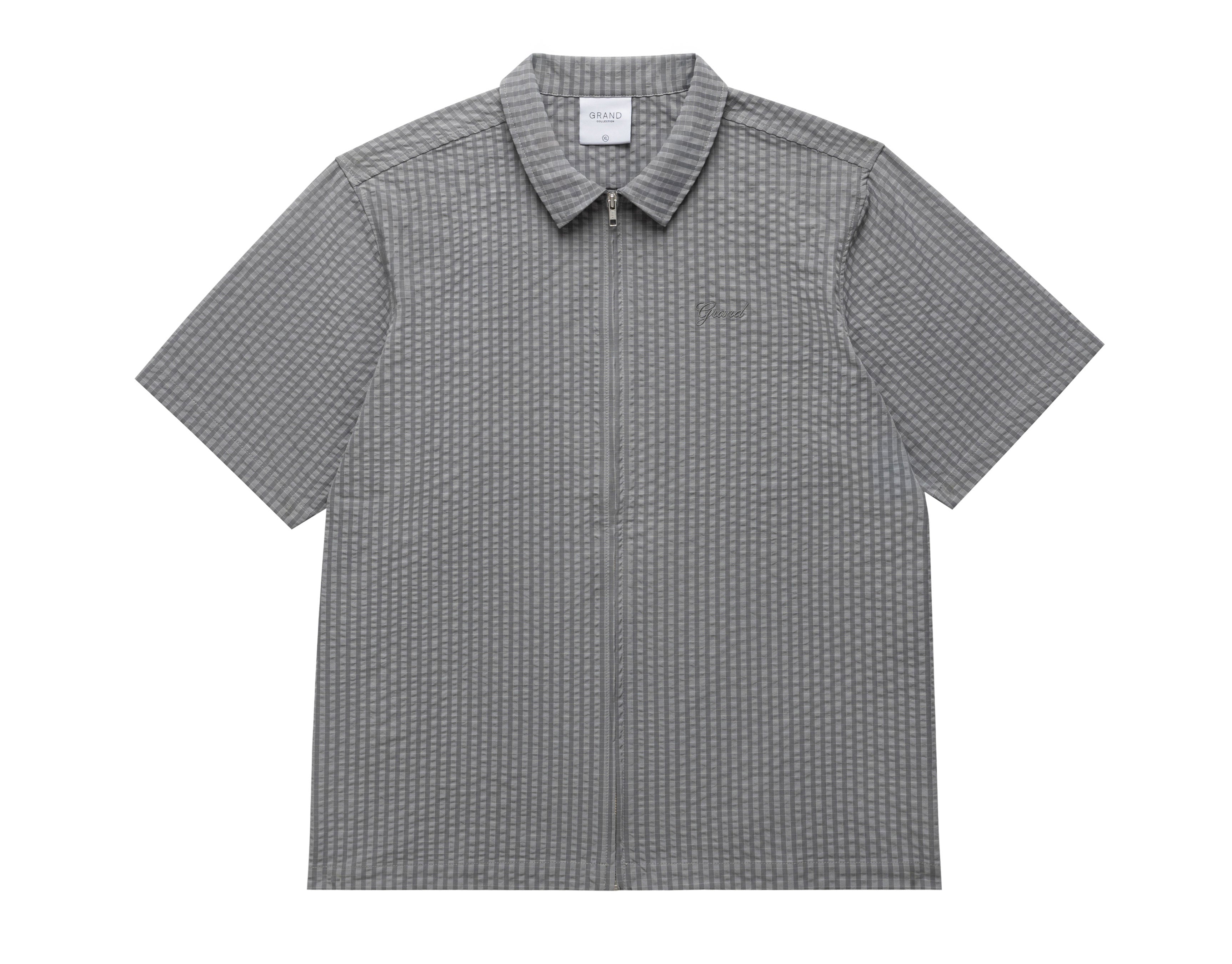 SEERSUCKER SHORT SLEEVE ZIP UP SHIRT GREY