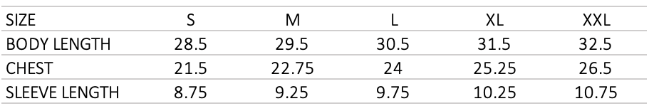 Central Park Tee White size chart