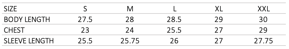 Tompkins Jacket size chart