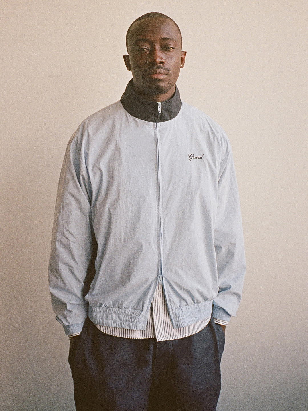 COTTON/NYLON TRACK JACKET POWDER BLUE/NAVY