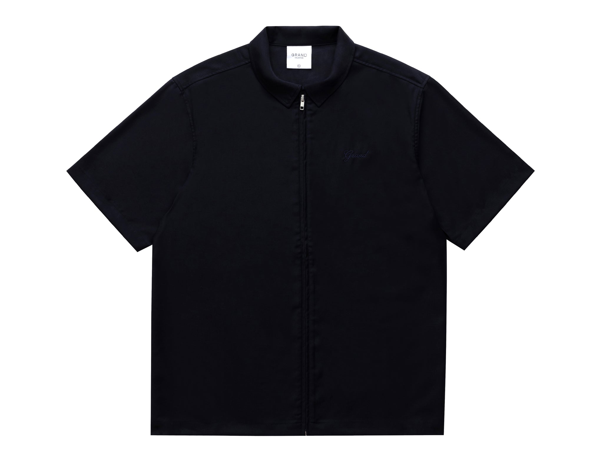 WOOL SHORT SLEEVE ZIP UP SHIRT NAVY