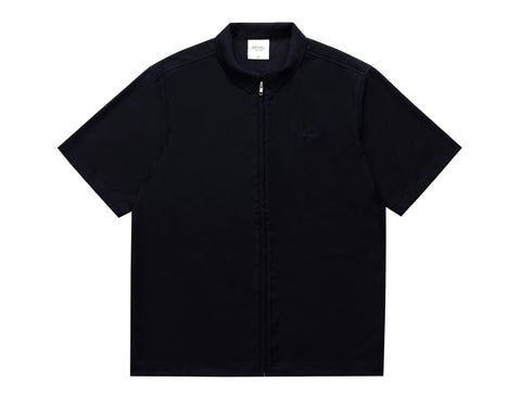 WOOL SHORT SLEEVE ZIP UP SHIRT NAVY