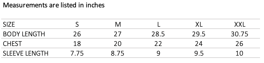 Tompkins Tee Black size chart